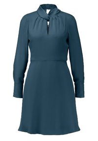 Teal mekko pitkillä hihoilla, jossa on seisova kaulus, pleatattu pääntie ja hillitty avaus. Sujuva kangas ja polven ylle ulottuva pituus.