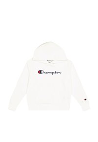 Felpa bianca con cappuccio e tasca frontale, con logo "Champion" ricamato in blu navy e un piccolo logo sul manica sinistra.
