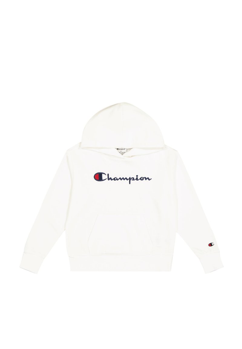 Felpa bianca con cappuccio e tasca frontale, con logo "Champion" ricamato in blu navy e un piccolo logo sul manica sinistra.