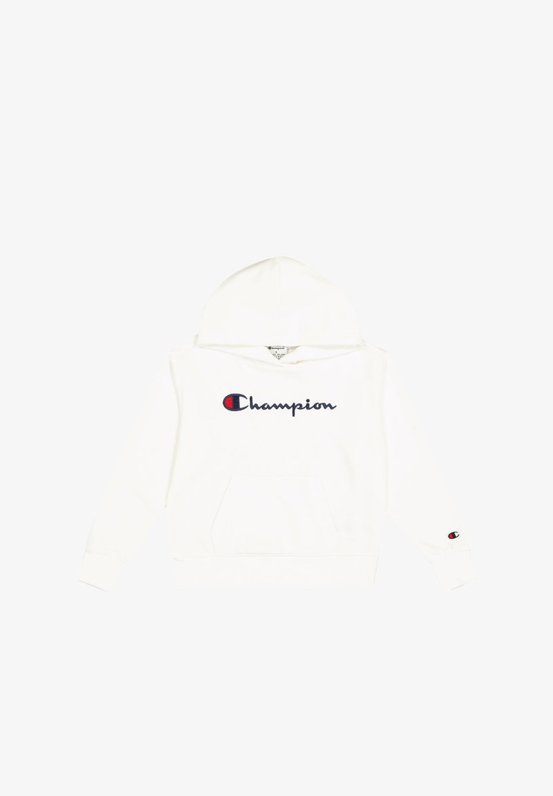 Felpa bianca con cappuccio e tasca frontale, con logo "Champion" ricamato in blu navy e un piccolo logo sul manica sinistra.