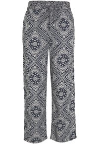 Široké kalhoty vyrobené z měkké látky, s námořnickou modrou základnou a jemnými bílými paisley vzory. Elastický pas s tkaničkou.