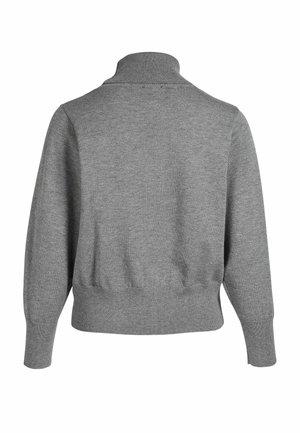 Grijze trui met een hoge kraag, geribbelde manchetten en zoom, met een gladde textuur en eenvoudig ontwerp. Achteraanzicht weergegeven.