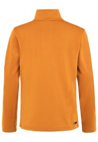 Długi rękaw, pomarańczowa polarowa bluzka z wysokim kołnierzem. Gładka faktura, prosty design i kontrastowy detal na dolnym brzegu.