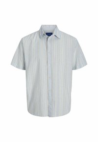 Camisa de manga corta tipo polo hecha de una tela ligera, con rayas verticales en azul y beige, con cuello y dobladillo recto.