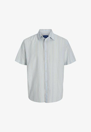 Chemise à manches courtes avec boutons, fabriquée en tissu léger, présentant des rayures verticales bleu et beige, avec un col et un ourlet droit.