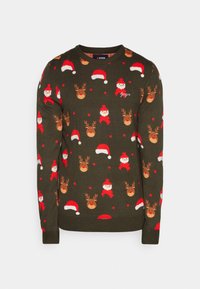 Jultröja i mörkgrön, med ett mönster av röda och vita tomteluvor, renans ansikten och små röda prickar. Stickad struktur.