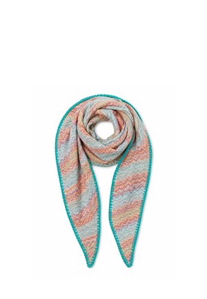 Weicher gestrickter Schal mit Zickzackmustern in Pastellfarben und einem türkisfarbenen Häkelrand, locker zu einer Schlaufe mit spitzen Enden drapiert.