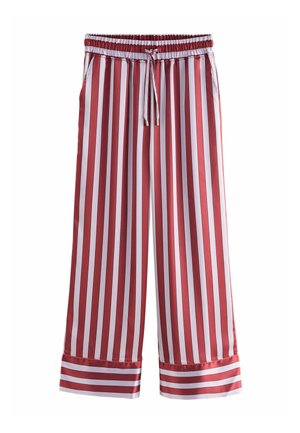Rode en witte gestreepte wijde broek met een elastische tailleband en koord. Satin-achtige stof met contrasterende strepen bij de boorden.