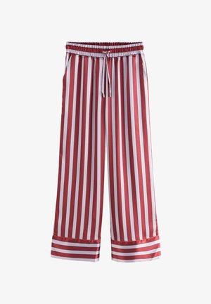 Pantaloni a gamba larga a righe rosse e bianche con vita elastica e cordino. Materiale simile alla seta con righe a contrasto ai polsini.
