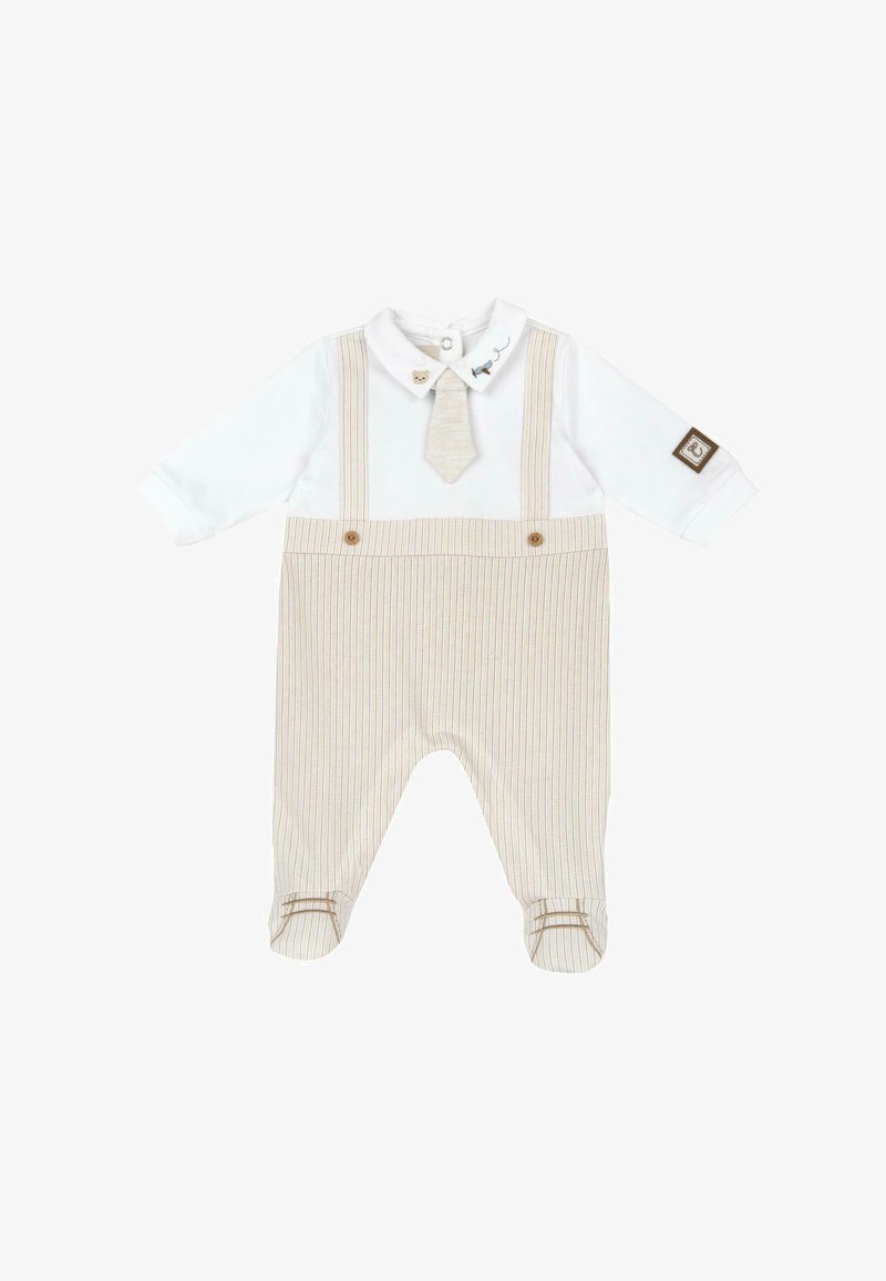 Bodysuit blanc à manches longues avec un col et des salopettes rayées beiges. Présente une petite cravate et un patch logo brodé sur le bras.