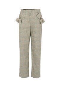 Pantalon en tissu texturé de couleur vert clair avec un motif subtil, présentant des accents de nœud à la taille et une coupe droite.