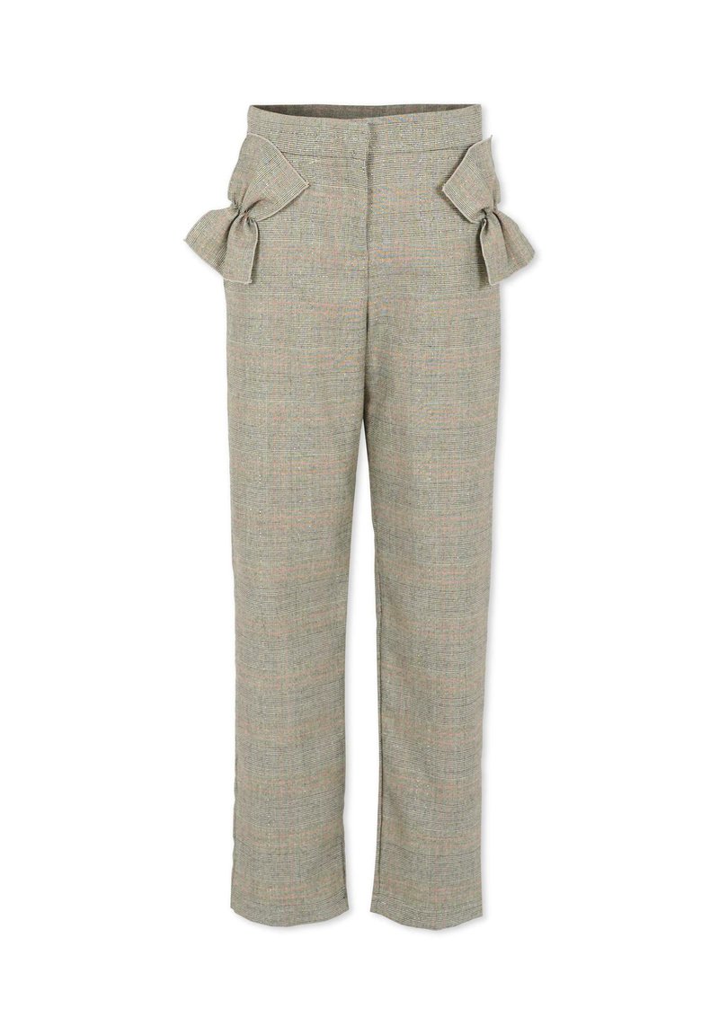 Pantalon en tissu texturé de couleur vert clair avec un motif subtil, présentant des accents de nœud à la taille et une coupe droite.