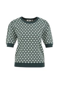 Maglione a maniche corte in maglia verde scuro con motivo a rombi verde chiaro, collo rotondo e orlo e polsini a costine. Finitura in tessuto testurizzato.