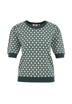 Pull en maille à manches courtes de couleur vert foncé avec un motif en losanges vert clair, col rond, et ourlets et poignets côtelés. Fini en tissu texturé.