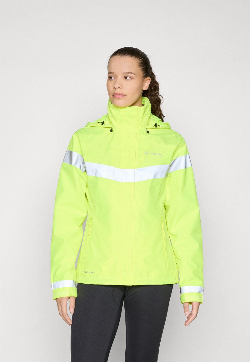 Bright yellow waterproof jacket with reflective stripes, high collar, chin guard, and zippered pockets, showcasing a smooth, shiny texture.