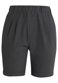 Shorts gris foncé sur mesure avec un devant plissé, une taille élastique et des ourlets retournés. Confectionnés dans un tissu léger à la texture lisse.