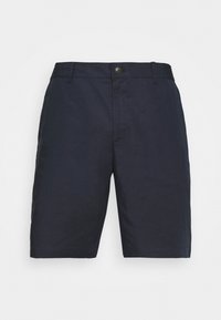 Mörkblå herrknäbyxor i knälängd med knappstängning, bältesöglor och flat front, uppvisade på en enfärgad vit bakgrund.