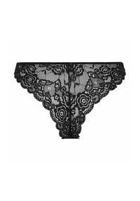 Sous-vêtements style bikini en dentelle noire avec motifs floraux et bords festonnés, affichés à plat sur fond blanc.