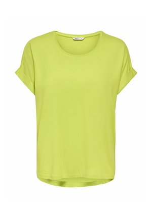 Short-sleeve lime green T-shirt with rolled cuffs and round neckline, displayed on a plain white background.