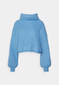 Maglione cropped azzurro chiaro con colletto alto, texture a costine e maniche a palloncino morbide. Materiale soffice con un design lavorato a maglia in tutto il capo.