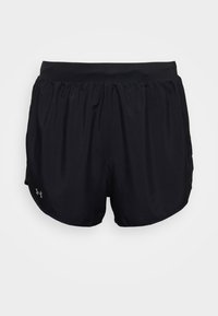 Svarta Under Armour träningsshorts med elastisk midja och liten logotyp på nedre vänstra benet, visade mot en enfärgad bakgrund.