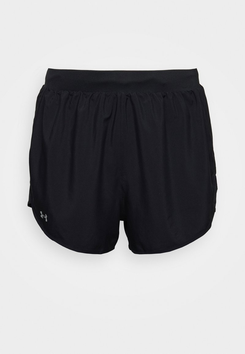 Svarta Under Armour träningsshorts med elastisk midja och liten logotyp på nedre vänstra benet, visade mot en enfärgad bakgrund.
