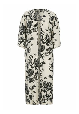 Long manteau crème style kimono avec larges manches et imprimé floral noir audacieux sur toute la surface, ouverture devant.
