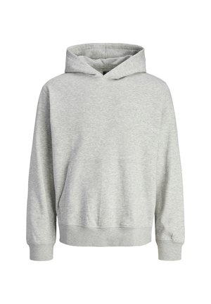 Grauer Hoodie mit einer vorderen Kängurutasche, gerippten Bündchen und Saum, weichem Material und einem dezenten Logo auf der Brust. Klassisches Pullover-Design.