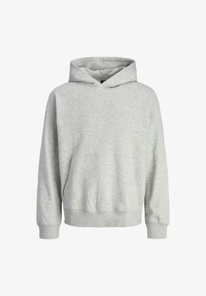 Grauer Hoodie mit einer vorderen Kängurutasche, gerippten Bündchen und Saum, weichem Material und einem dezenten Logo auf der Brust. Klassisches Pullover-Design.
