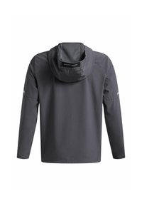 Gray lightweight jacket with a hood, long sleeves, and a smooth texture. Features reflective accents and a mesh lining in the hood.