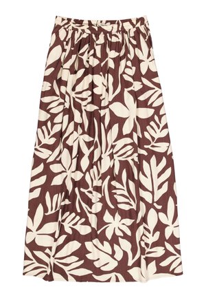 Gonna marrone e beige a motivo floreale con cintura elasticizzata, caratterizzata da un design rilassato a pieghe e un tessuto morbido e strutturato.