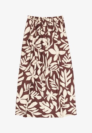 Falda de patrón floral en tonos marrones y beige con cintura elástica, que presenta un diseño relajado con pliegues y una tela suave y texturizada.