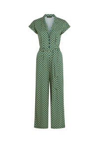 Jumpsuit verde con estampado, de mangas cortas, cuello, cierre de botones en la parte delantera y diseño de pierna ancha. El material tiene una textura suave y colores vibrantes.