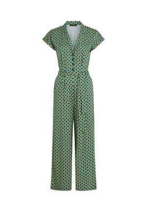 Zielony kombinezon w wzorki z krótkimi rękawami, kołnierzykiem, zapięciem na guziki z przodu i szerokimi nogawkami. Materiał ma gładką fakturę i żywe kolory.