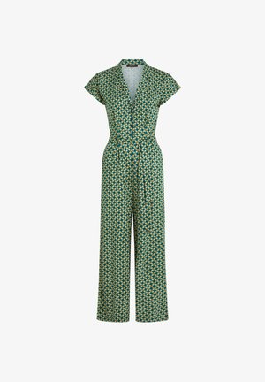 Jumpsuit verde con estampado, de mangas cortas, cuello, cierre de botones en la parte delantera y diseño de pierna ancha. El material tiene una textura suave y colores vibrantes.