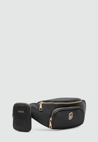 Marsupio in ecopelle nera con due scomparti con zip e dettagli in metallo dorato. Include una piccola pochette coordinata.