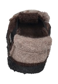 Wollene Hausschuhe in Braun und Beige mit runder Form, strukturierter Oberfläche, Fersenstütze und schwarzer Gummisohle.