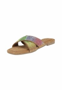 Brown suede slide sandal with a wide crisscross strap embellished with gradient rhinestones in green, purple, and pink. Flat sole.