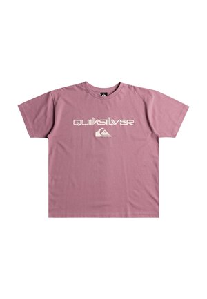 Paarse katoen T-shirt met een ronde hals, korte mouwen en een witte 'Quiksilver' logo met een bijbehorende golfafbeelding.