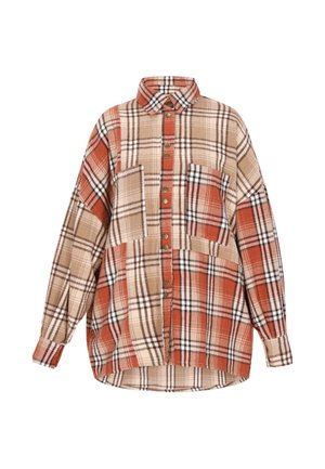 Károvaná flanelová košile v odstínech oranžové, béžové a černé. Má knoflíkovou přední část, límeček a dvě přední kapsy.
