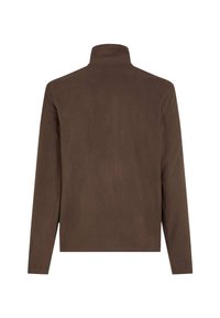 Brun, langærmet top med høj krave lavet af blødt stof med en glat tekstur. Minimalistisk design uden synlige lukninger eller mønstre.