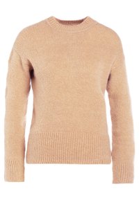 Beige gestrickter Pullover mit Rundhalsausschnitt. Mit gerippten Bündchen und Saum. Weiche Textur mit leichtem Flaum. Klassisches gerades Design.