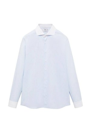 Camicia a maniche lunghe a righe blu chiaro con colletto e polsini bianchi, dotata di chiusura con bottoni sul davanti e orlo curvo. Tessuto dalla texture liscia.
