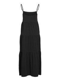 Rochie maxi neagră, cu bretele subțiri, design în straturi și croi lejer, realizată dintr-un material moale și ușor.