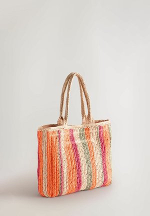 Woven tote bag featuring orange, pink, green, and cream stripes, with dual braided handles and textured appearance.