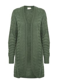 Zielony sweter z dzianiny z otwartym przodem, teksturowanym wzorem w zygzak, długimi rękawami i ribbami przy mankietach. Miękka tkanina o luźnym kroju.