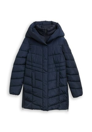 Marineblaue gefütterte Jacke mit großer Kapuze, Reißverschluss und diagonaler Steppung; verfügt über Seitentaschen und einen leicht taillierten Schnitt.