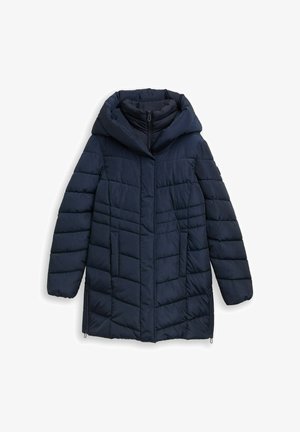 Marineblaue gefütterte Jacke mit großer Kapuze, Reißverschluss und diagonaler Steppung; verfügt über Seitentaschen und einen leicht taillierten Schnitt.