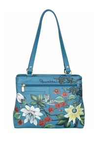 Blauwe leren handtas met floral design. Voorzien van een ritsvak aan de voorkant, verstelbare schouderband en accenten van goudkleurig metaal.