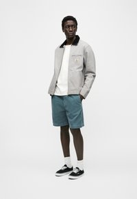 Άνδρας που φοράει ανοιχτό γκρι τζάκετ με φερμουάρ και μαύρο γιακά, λευκό πουκάμισο, πετρόλ σορτς, λευκές κάλτσες και μαύρα αθλητικά παπούτσια, στέκεται με τα χέρια στις τσέπες.